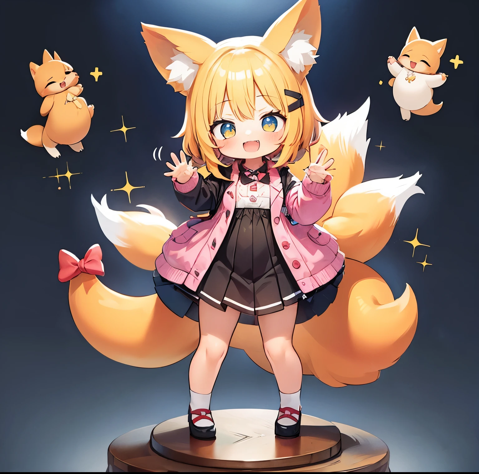 masterpiece、girl standing on top of the podium、A  who personifies a baby fox、  body shape、Little、Fox ears and tail、testimonial、dress、A happy expression、Deformed cute picture