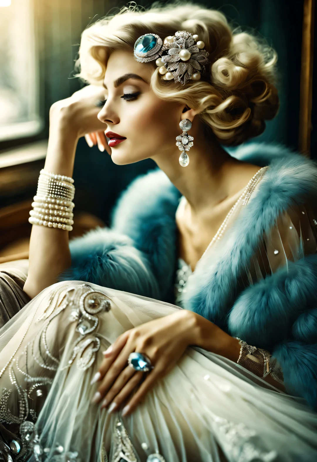 photography style, portrait，best quality,8k,high resolution,super detailed，super clear,Creative style artwork,classical,，
（ Two stylishly dressed girls sitting at coffee table looking out the window. Girl wearing high-end fur coat，Paired with blue gauze skirt.），gorgeous、Exquisitely crafted diamond rings and bracelets，tiara jewelry，vintage ，The atmosphere of the 1920s,  （blond：1.34），Fur coat has delicate texture，smooth visible velvet，Wear pearl jewelry，Advanced custom lace clothing，perfect fingers，（White skin），（Stacking accessories），
Luxurious and plump pearls，everything is clear，Composed of beads and brilliant diamonds，Pearls are usually round，（Each bead is the same size），Carefully selected、burnish，Smooth and delicate surface，Soft shine，Diamonds are the most dazzling part，They are cleverly mounted on metal frames，Contrast with pearls，Make the whole bracelet look noble and elegant，Dressed in 1920s fashion, 1920s hairstyles, 1 9 2 0 s style, 1 9 2 0 clothes, 1 9 2 0 s fabric style,