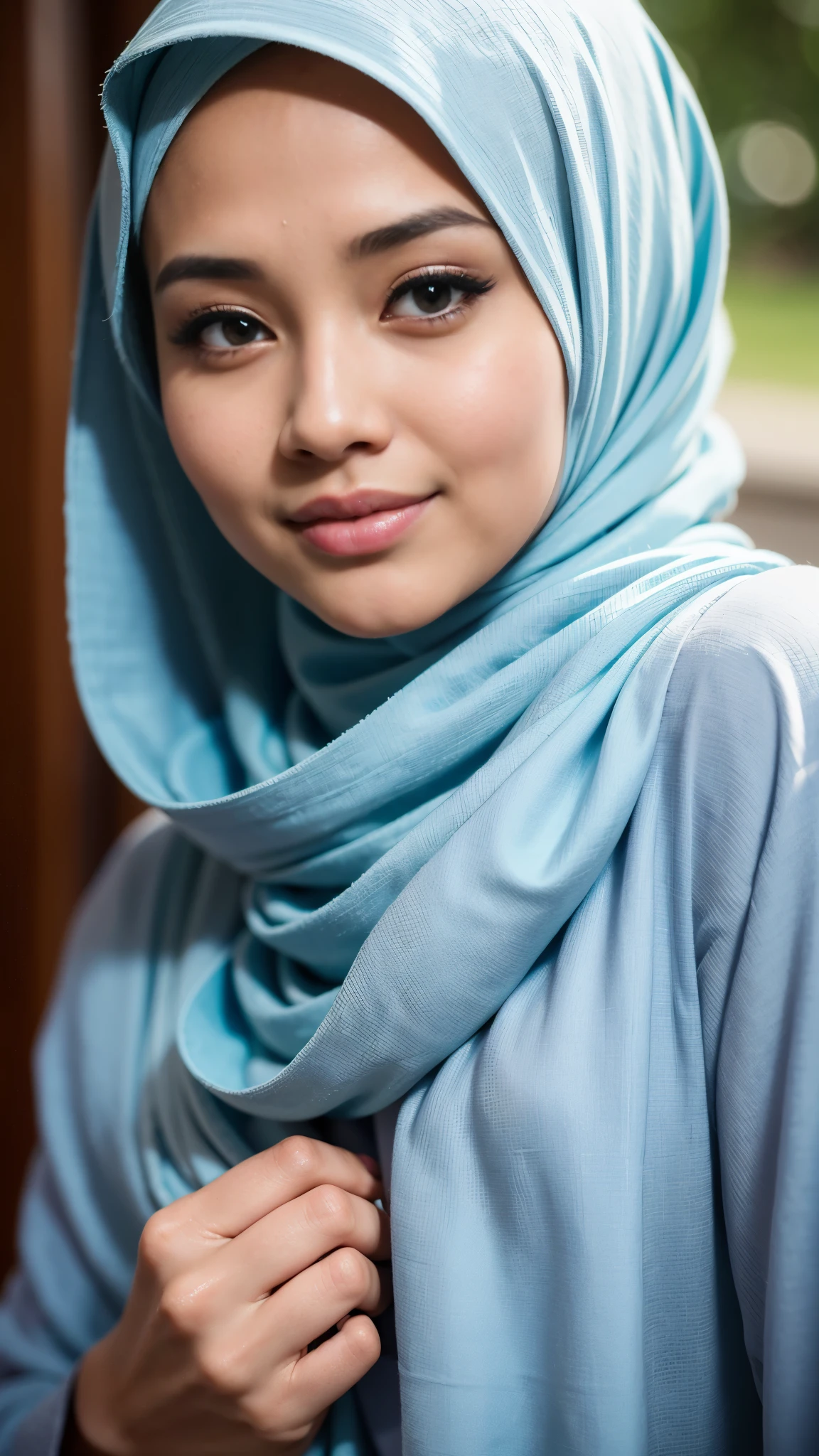 1 malay girl , modern plain hijab, shy, medium portrait shot , watery eyes ,lip watery, lip glossy, open mounth, big breast, 1 Malay girl, modern plain hijab, shy, medium portrait, watery eyes, RAW, Best quality, high resolution, masterpiece: 1.3), beautiful Malay woman in hijap:0.8),perfect nose,perfect lips, perfect eyes, detail :1.2), beautifull face, soft smile,Beautiful woman wearing a hijap, a woman in a pastel colour dress and scarf, hijab, moles under the eyes, Beutifull girl, lovely smile, lovely woman, with lovely look, with a beautifull smile, cute beautiful,((close up))
