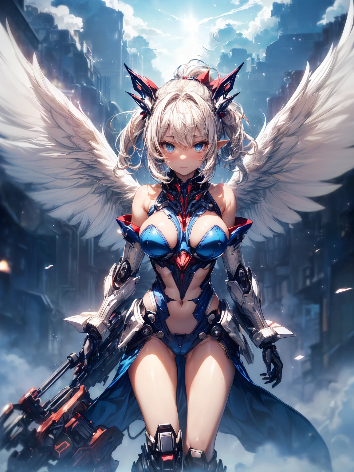 (masterpiece、highest quality, wonderful, very detailedティッカーユニティ、8k wallpaper, Depth of written boundary, Ultra-fine illustration:1.5)、。.。.3D, very detailed, (Full body Esbian、Mecha elf girl:1.3), sci-fi battlefield, Hawken, shy smile, open your mouth、short ponytail hair, (white blonde hair, deep blue eyes:1.2), sparkling eyes, Embarrassingly cute face, cute, big breasts, delicate hair, messy hair, (((null、青くて広いnull, White cloud、shiny hair, shiny skin, (Symmetrical mechanical winetallic colored mechanical wings that are widely expanded to the left and right so that they protrude wonderfully from the screen, bite, white hair ornament), (particles of light, cinematic lighting: 1.3), (pale pink lips: 0.8), by Yusuke Murata.