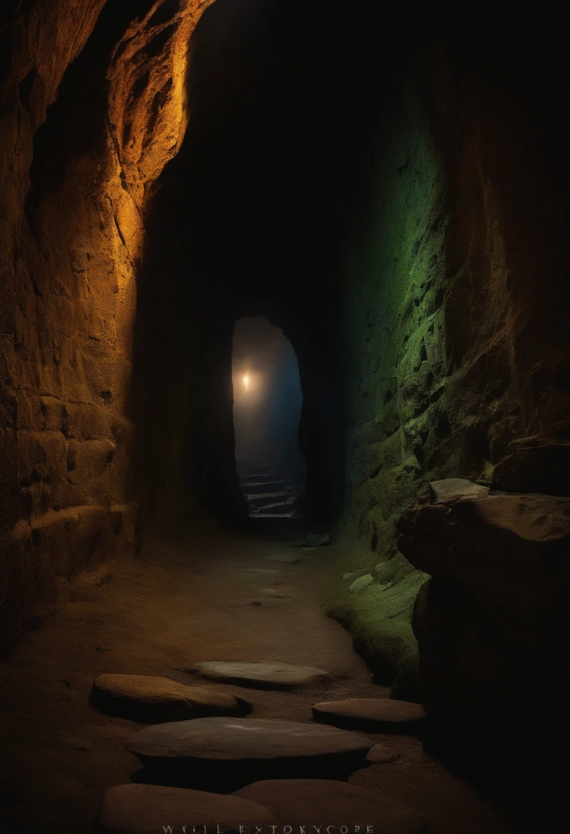 Mine corridor, dark, unsettling, weak light, rugged stones, high detail, underground