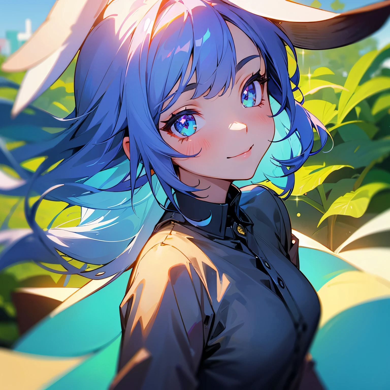 (1 girl:1.2, close-up:1.1), (highly detailed background:1.0), (highly detailed background:1.0), masterpiece, best quality, ultra high resolution, 8K, BREAK, (sparkling hair, long hair, rabbit ears), BREAK, detailed clothing, colorful sparkling shirts, half sleeves, detailed skin, glossy skin, detailed eyes, sparkling eyes, looking at the viewer, smile, (in the backyard:1.2)