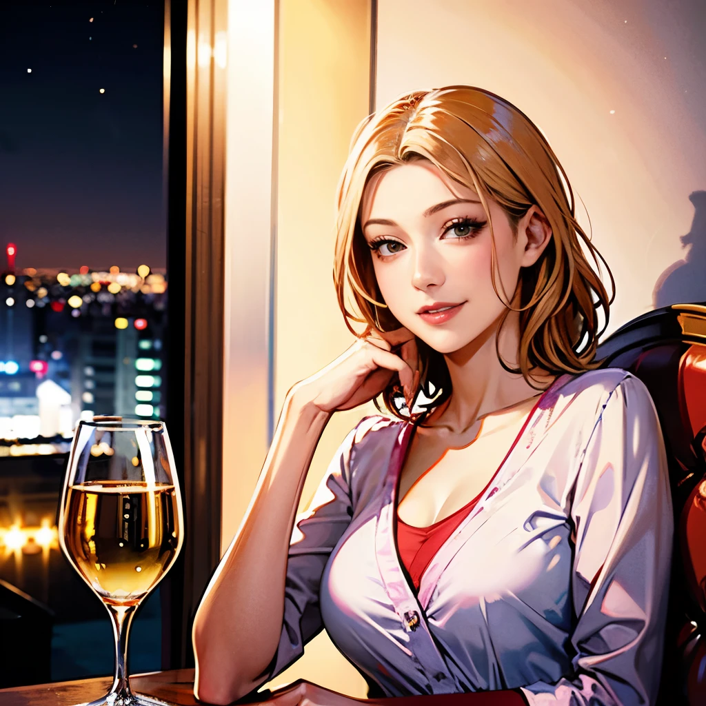 (64K, UHD, top quality, masterpiece: 1.2), (realistic, photorealistic: 1.37), super detailed, pretty woman 1 person, (slim face), (slim body), (brown hair), (short cut), cheeks slightly blushing, (35 years old), 38 years old, solo, beautiful detailed urban night view outside the window, restaurant, wine glasses sit, at night, in a prominent place (from the waist up) NovaFrogStyle, Actress, Model, Waist Up, White Wine, Slim, Wine Glass, Super Clean Night View, Wine Glass Put in the Middle, Happy Smile, (Smile: 1.15), Beautiful Fine Eyes, Upper Body, Bust Japan Up, Night, Short, Short, Actress, Model, Waist Up, White Wine, Slim, Wine Glass, Super Clean Night View, Wine Glass Put in the Middle, Happy Smile,