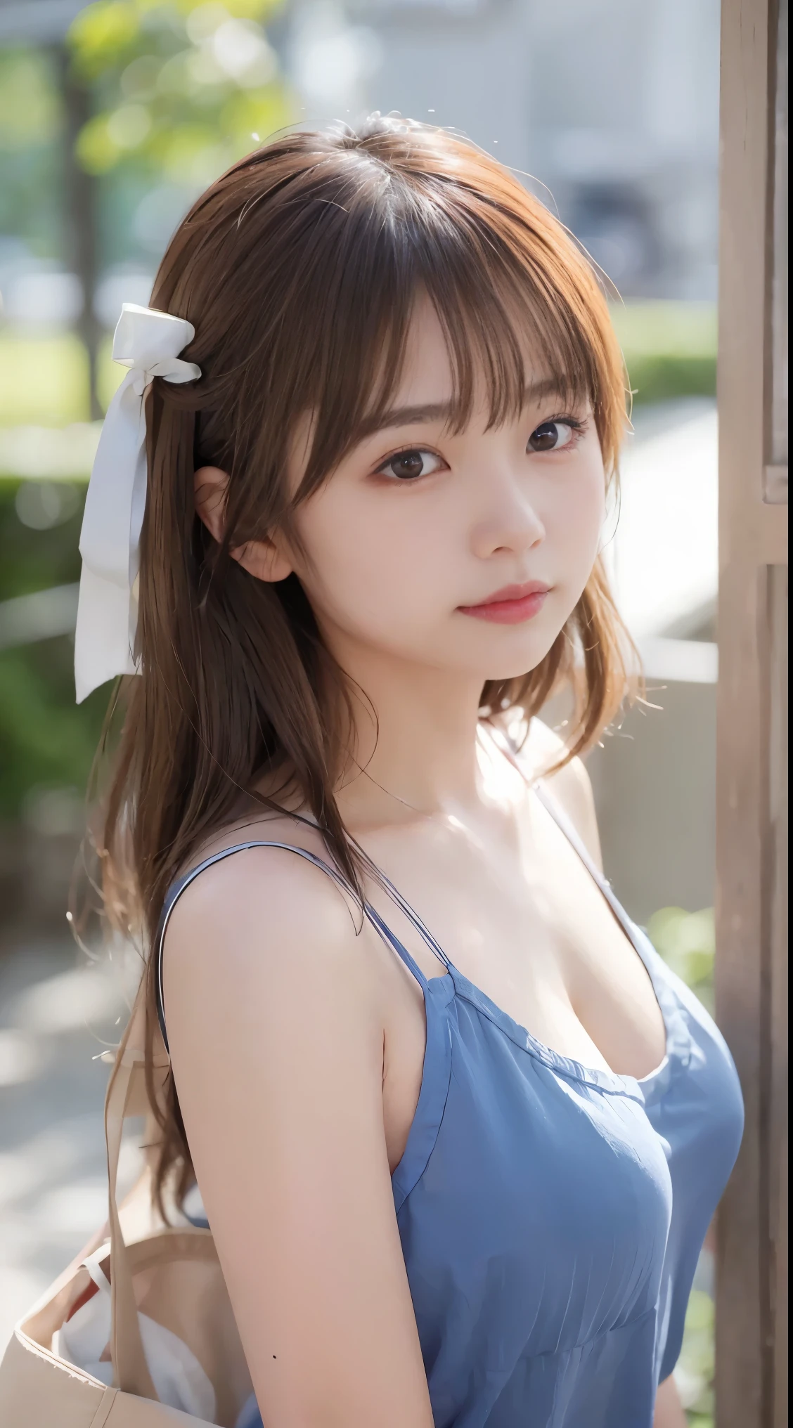 1 Japanese female, 30 years old, Very beautiful, (very cute), (Very detailed美しい顔), Great face and eyes,(Flower Hair Ornaments,Braided top knot,Twisted Side Part Ponytail Braided Headband,Half Up、Braided Space Van,Voluminous fishtail braid,Twisted pan),(The bangs are see-through),, My eyes got a little brighter, Dolly Makeup, (Tight pleated dress(Light blue floral pattern)), (highest quality:1.4), (Very detailed), Very detailed CG 統合 8k 壁紙, Surreal, (Photorealistic:1.4), Raw photo, Professional photography, Cinema Lighting, Realistic portraits,  (Depth of written boundary:1.4), (View Photographer:1.3), (In a park with a pond),Glamorous Beauty、 (Large Breasts:1.6)、Deep cleavage、Voluptuous thighs、 (Whole Body Ezbian), Accurate Eyes, Beautiful mouth, (Keep your mouth completely closed), (evening:1.3), (Looking at the camera), (Amazing sunset:1.25), Sleeveless, Melancholic expression、A photo showing you from head to knees