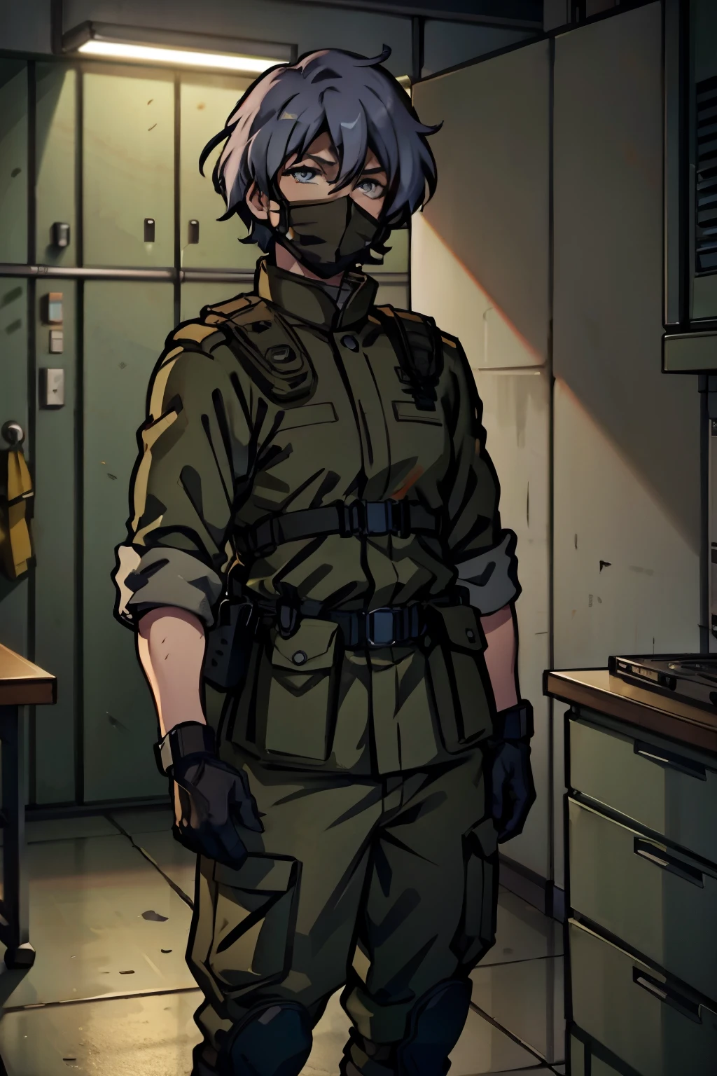 Male medic with short pale blue hair, wearing military combat gear, a surgical mask, standing in the barracks