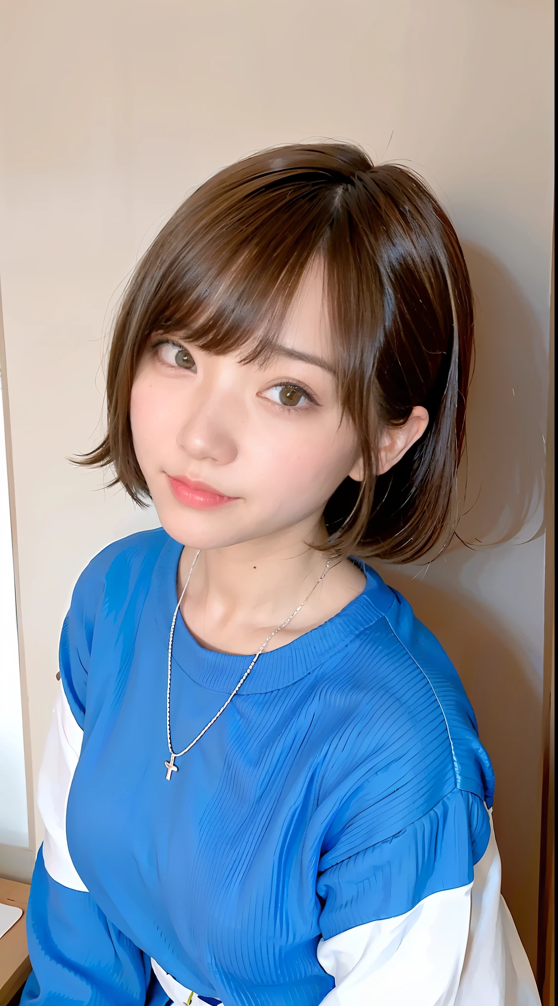 (top-quality、8K、32K、​masterpiece、nffsw:1.2)、Photo of a cute Japanese woman、Colossal tits:1.4、very short bobbed hair、The upper part of the body、sface focus、Oversized_Sweaters、a necklace、simple background、From  above、looking at the viewers、cleavage of the breast:1.5、Balanced body