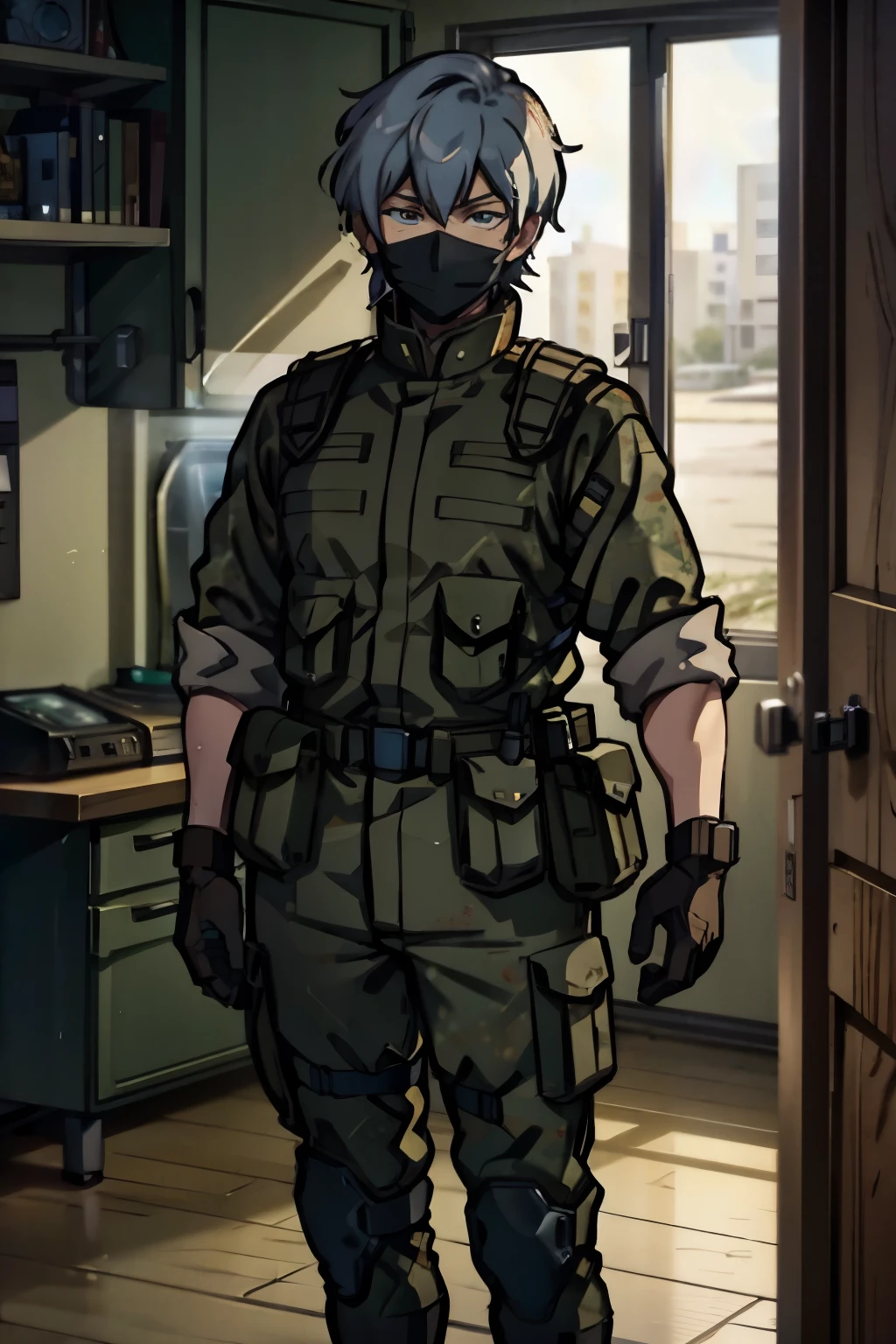 Male medic with short pale blue hair, wearing military combat gear, a surgical mask, standing in the barracks