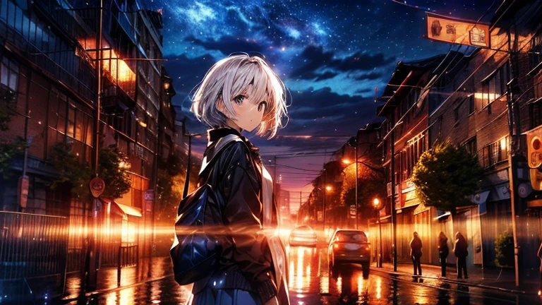 ((masterpiece, In 8K, High resolution, realistic)), (masterpiece, side light, fine and beautiful eyes: 1.2), ((Vision)), anime style, 1 female, anime characters in a scene with a sky background, yournameの映画スタイル, Stills in TV anime, yourname, night sky, starry night, Moonlight night, (((look away from the camera))), (((night skyを見上げて))), Calm, soft and dramatic lighting, Depth of bounds written, Bokeh, vivid details, hyper realistic，Rei Ayanami，Surrounded by a fantastic blue aura
