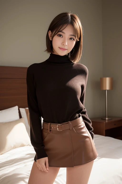 ((highest quality、best image quality、ultra high resolution、Drawn in ultra-high definition、alone、look closely at the camera))、1 girl、realistic、written boundary depth、natural soft light、Echiechi, Constricted body, 30 years old, beautiful and detailed eyes, short bob hair, highest quality, masterpiece, Layer Bob Hair, Moist eyes, great pose, brown eyes, smile, perfect fingers、perfect hands、perfect body、perfect face, perfect anatomy, glossy lips, natural makeup, small ass, professional lighting, cowboy shot, self snap, miniskirt, long sleeve, simple background, Hotel,, From above,
