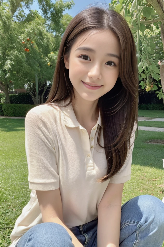 ((A girl is holding a small tomato in her hand)),field,There is a tomato tree in front of me,squatting,anatomically correct,Full body shot from a distance:1.4,ultra-realistic capture, very detailed, 人間の皮膚のHigh resolution16kクローズアップ. Skin texture must be natural, Enough detail to finely identify pores. skin needs to look healthy, with an even tone. Use natural light and color,highest quality,4K,8K,High resolution,table top:1.2,super detailed,very detailed目と顔,beautiful and fine eyes,beautiful detailed lips,long eyelashes,fine white skin,(skinny jeans,polo shirt)),beautiful and magnificent composition,Charm,cute,silky smooth and straight hair,sharp focus,sunny,smiling cheerfully,(With a round face),