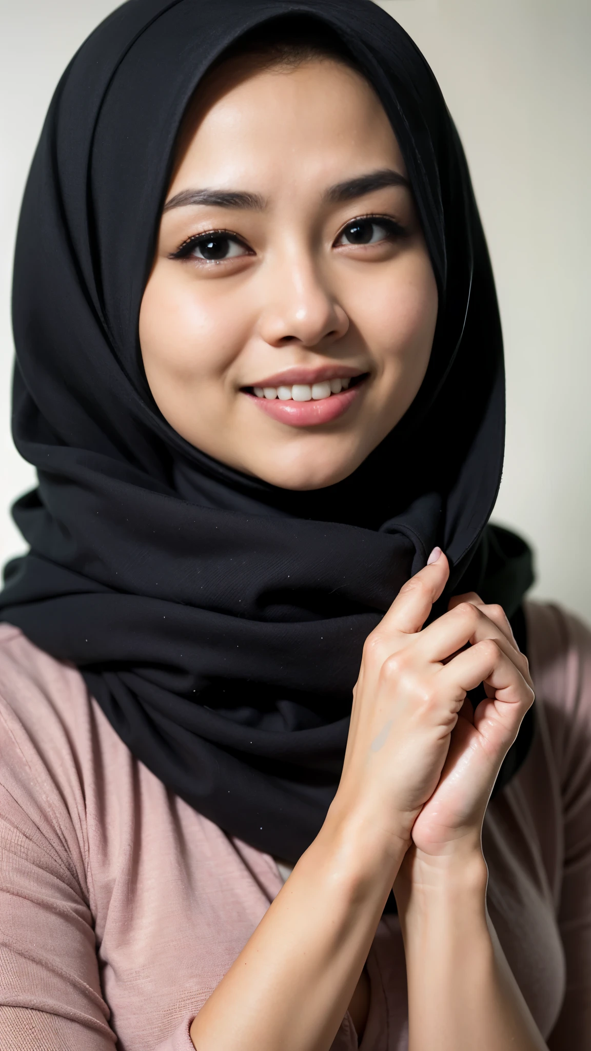 1 malay girl , modern plain hijab, shy, medium portrait shot , watery eyes ,lip watery, lip glossy, open mounth, big breast, 1 Malay girl, modern plain hijab, shy, medium portrait, watery eyes, RAW, Best quality, high resolution, masterpiece: 1.3), beautiful Malay woman in hijap:0.8),perfect nose,perfect lips, perfect eyes, detail :1.2), beautifull face, soft smile,Beautiful woman wearing a hijap, a woman in a pastel colour dress and scarf, hijab, moles under the eyes, Beutifull girl, lovely smile, lovely woman, with lovely look, with a beautifull smile, cute beautiful,((close up))