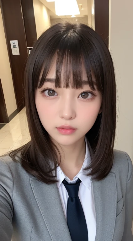 ((highest quality、8K、masterpiece:1.5))、one girl、(Unhealthy face)、(entrance to)、dull bangs、(lots of bangs:1.4)、(Full body Esbian:1.4)、(symmetrical face)、highly detailed face、highly detailed mouth、detailed eye、detailed ears、slim face、(Self snap:1.4)、(look up)、(From above)、(straight long hair、Ahoge:1.3)、(upper eye)、background is blurry、(business suit、tie:1.3)、lip gloss、(hotel entrance)、(natural soft light:1.3)、