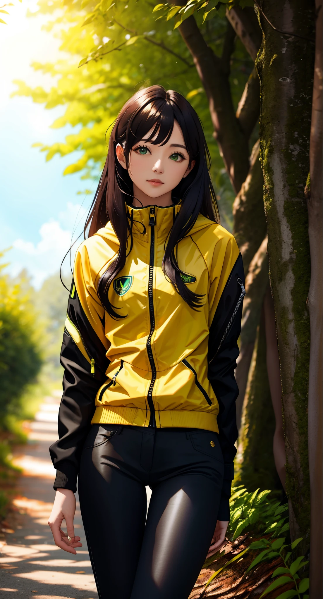 arafed woman in a green and yellow jacket and black pants