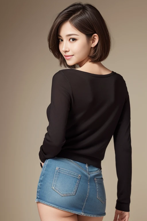 ((highest quality、best image quality、ultra high resolution、Drawn in ultra-high definition、alone、look closely at the camera))、1 girl、realistic、written boundary depth、natural soft light、Echiechi, Constricted body, 30 years old, beautiful and detailed eyes, short bob hair, highest quality, masterpiece, Layer Bob Hair, Moist eyes, great pose, brown eyes, smile, perfect fingers、perfect hands、perfect body、perfect face, perfect anatomy, glossy lips, natural makeup, small ass, professional lighting, cowboy shot, self snap, miniskirt, long sleeve, simple background, Hotel,, From above,