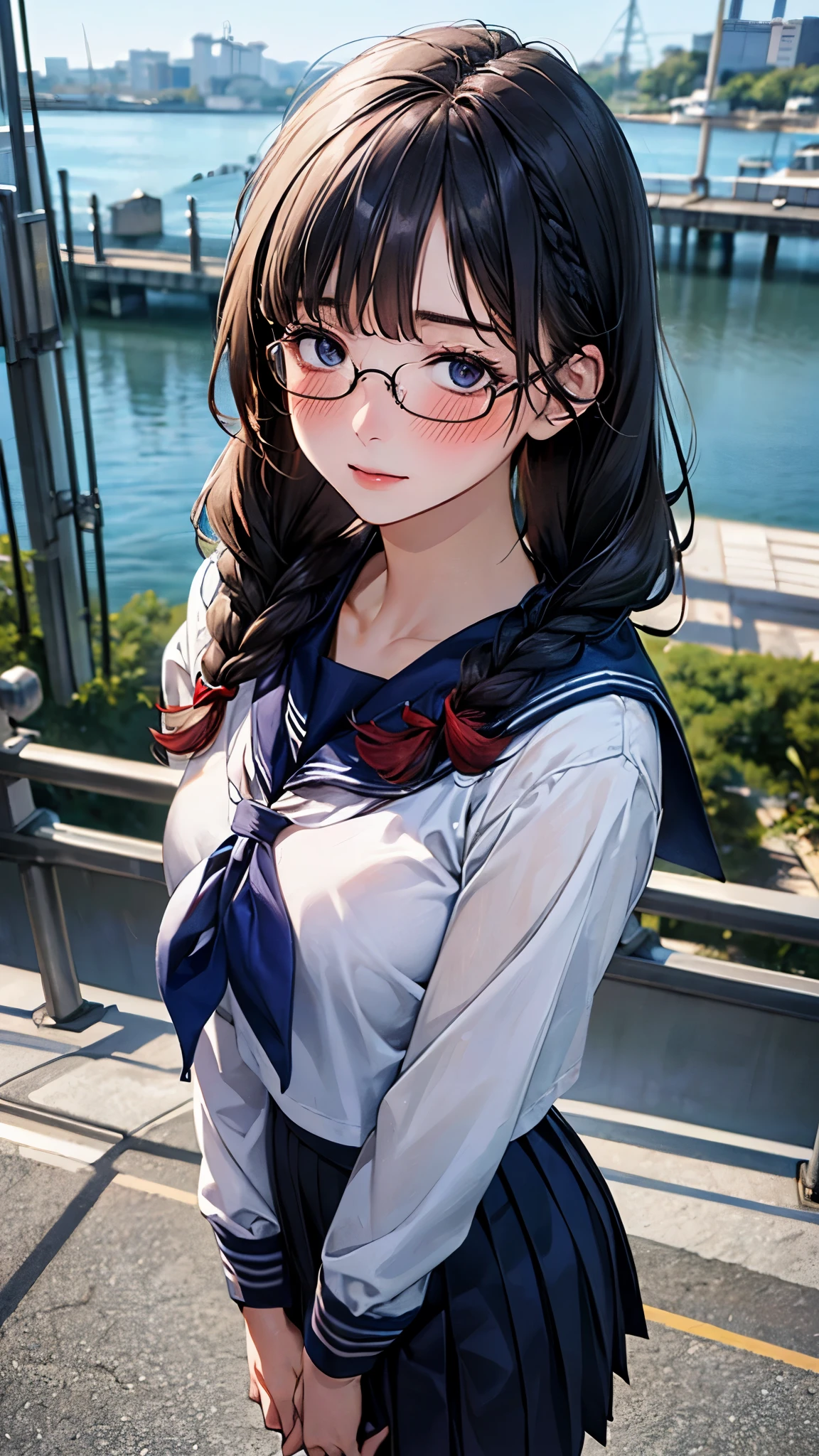 (masterpiece:1.2, top-quality), (realistic, photorealistic:1.4), beautiful illustration, (natural side lighting, movie lighting),
looking at viewer, upper body, front view, 1 girl, japanese, , perfect face, cute and symmetrical face, shiny skin, babyface,
( hair, twin braids, straight hair:1.2, black hair), braided bangs, blue eyes, (large breasts, seductive thighs, big ass),
beautiful hair, beautiful face, beautiful detailed eyes, beautiful clavicle, beautiful body, beautiful chest, beautiful thigh, beautiful legs, beautiful fingers,
((long sleeves, all navy cute sailor suit, navy pleated skirt, navy sailor collar, red sailor scarf)), black-rimmed glasses,
(beautiful scenery), evening, riverside, standing, (pray), (full-face blush),