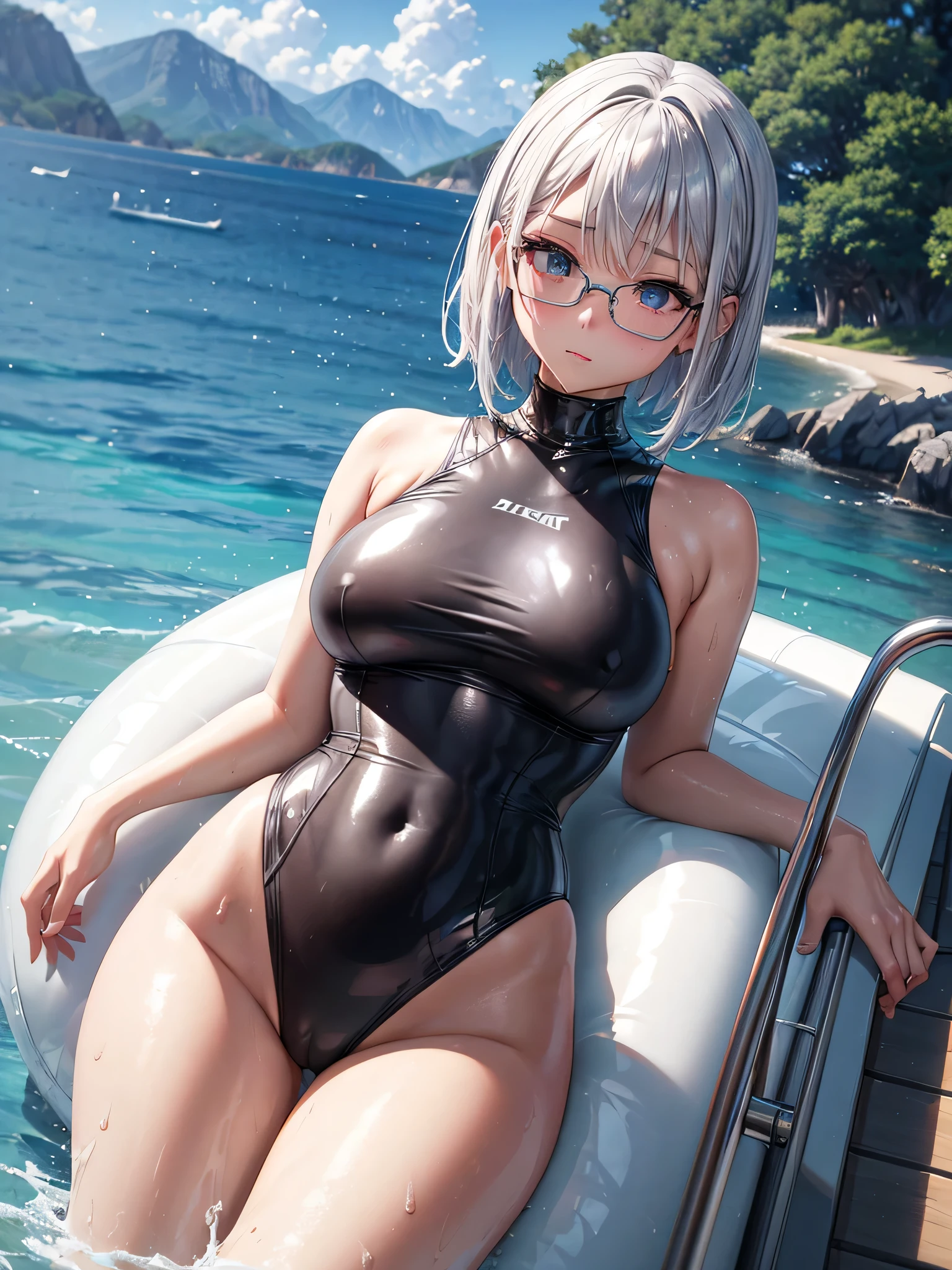 best image quality、8K、UHD、pieces fly、cute eyes、silver hair、Glasses、latex high neck swimwear、latex high neck school swimwear、short hair、短髪のsilver hair美女、wet skin、