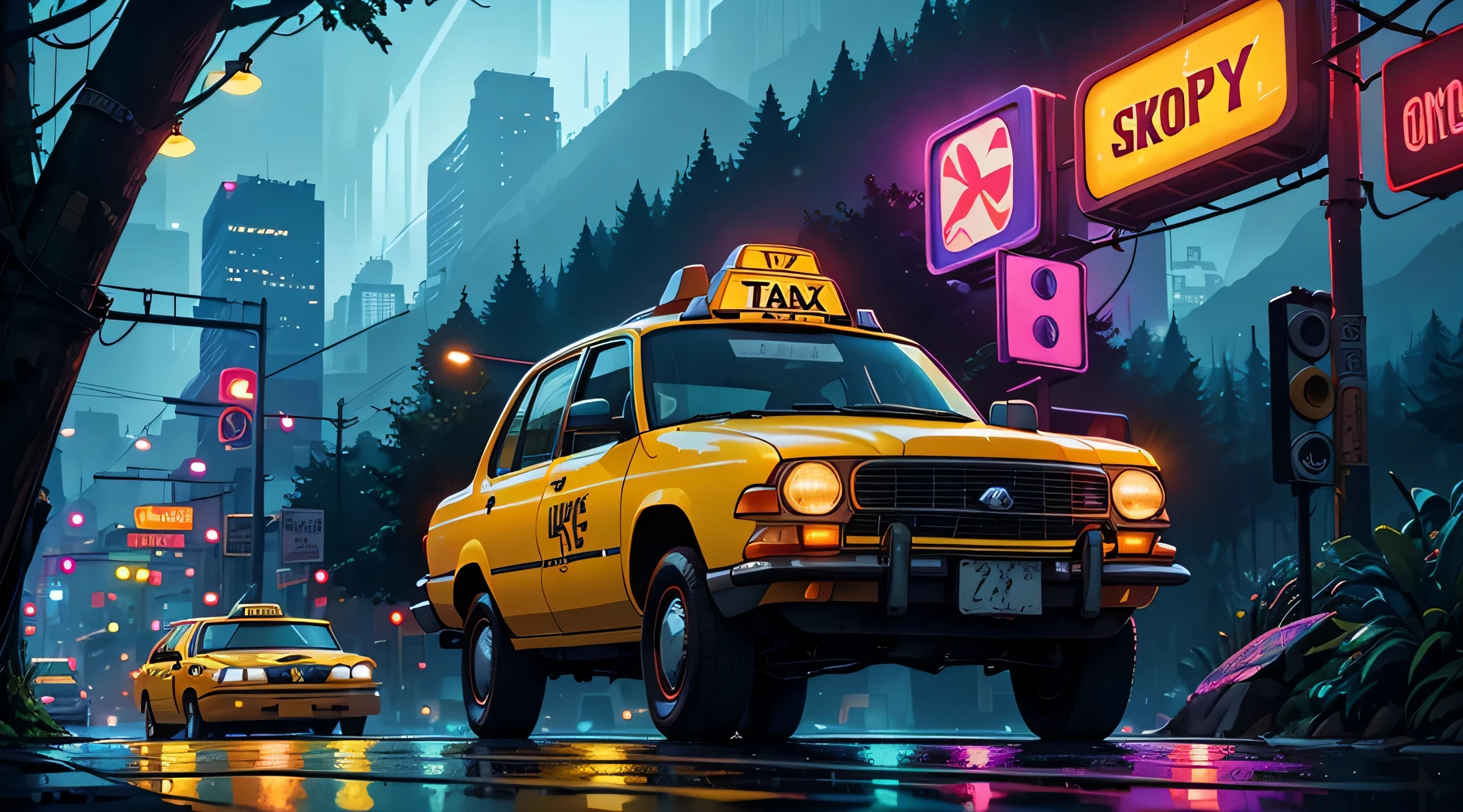  half of taxi car on lef side of the image, Retro, Full Color, Multicolor, Artistic, Superior Detail, Super Quality, Fine Details, Highlights, Neon Lights, 8k, Masterpiece, City Night, Neon Lights, Wet Road, Mountains, Forest