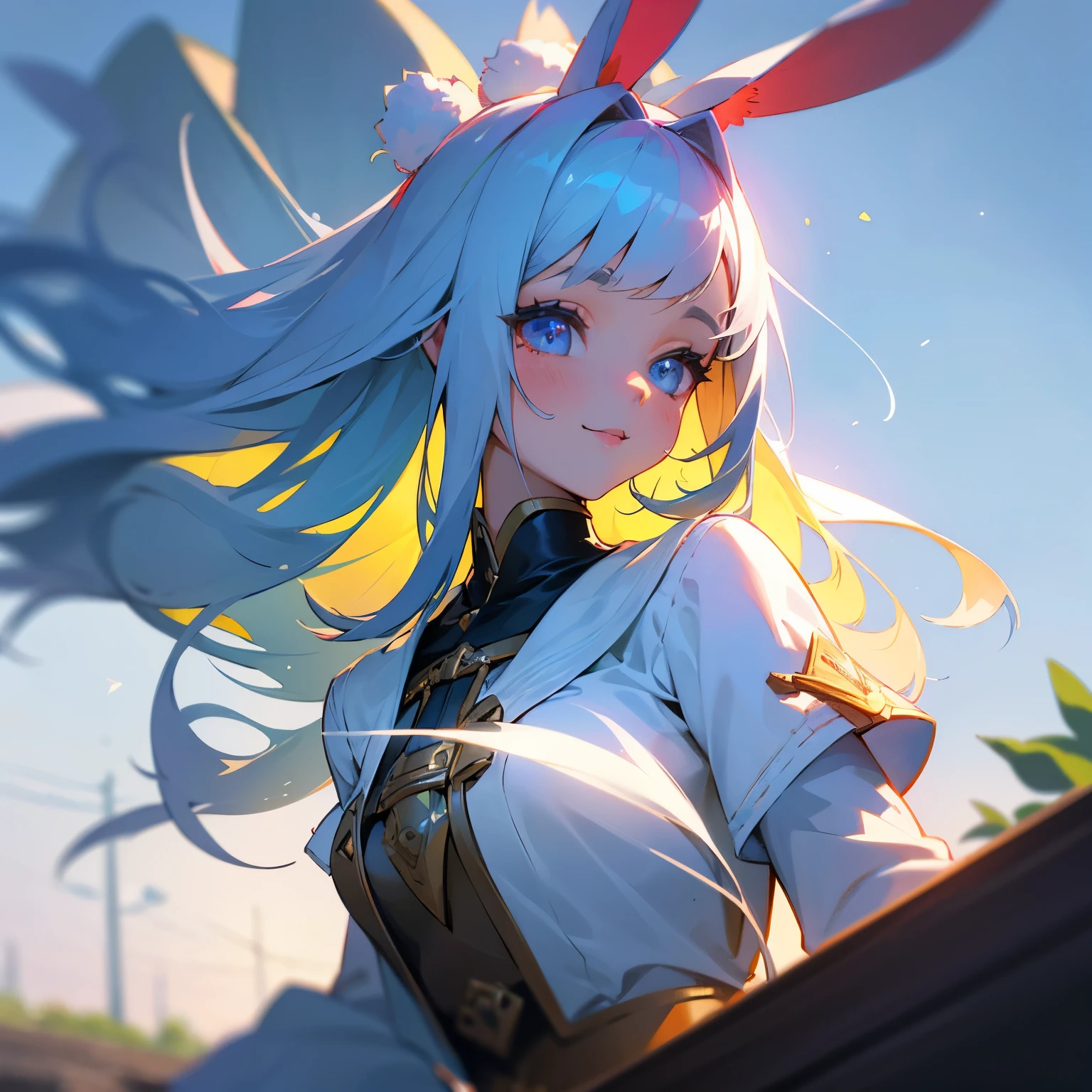 (1 cute girl:1.2, close-up:1.1), (highly detailed background:1.0), (highly detailed background:1.0), masterpiece, best quality, ultra high resolution, 8K, BREAK, (sparkling hair, long hair, rabbit ears), BREAK, white skin, detailed clothing, sparkling white shirts, half sleeves, detailed skin, glossy skin, detailed eyes, sparkling eyes, looking at the viewer, smile, (in the backyard:1.2)