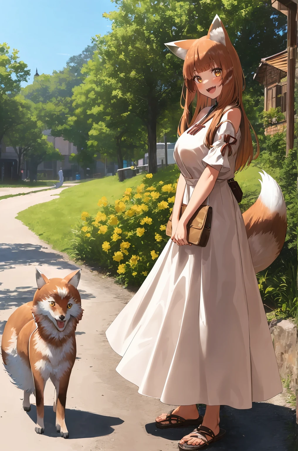 (holo:1.5), (holoBrownDress:1.5), masterpiece, best quality, absurdres, 1girl, looking at viewer, standing, cowboy shot, outdoors, medieval, cobblestone street, town, pouch, sash, smile, fruit, apple, basket,big breast, curvy, silver hair, white hair, full body, flipflops,open mouth smile, fangs,