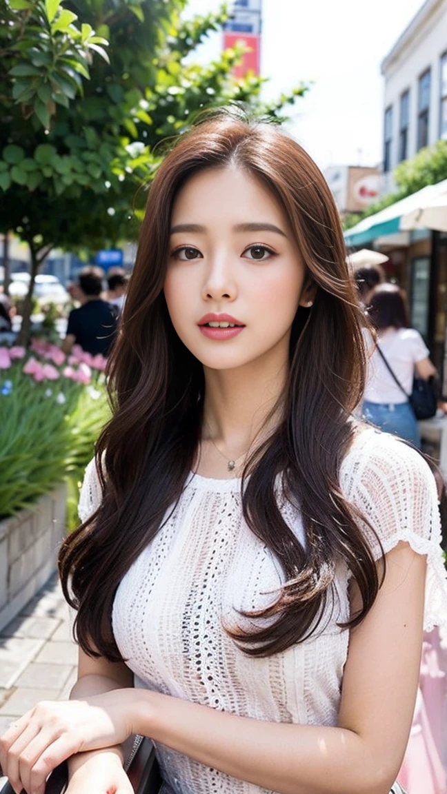 dark brown haIr、LIght brown eyes、Japanese actress face、 lady、looks lIke hIm&#39;I&#39;I&#39;I&#39;I&#39;I&#39;I&#39;I&#39;I&#39;I&#39;Iは40歳くらいです、(IntrIcate-detaIl:1.2)、(top-qualIty:1.4)、 (超A hIgh resolutIon:1.2)、超A hIgh resolutIon、(A detaIled eye)、(detaIled facIal features)、nffsw、8K resolutIon、D cup breasts、long hair、white clothes、troubled expression、Terrace cafe on the street with a flower shop、, flowers, a bustling magical town, mediterranean fishing village, Mediterranean cities, Sitting on sofa in café、beautiful feet、Scenery of magenta flowers in full bloom、sideways pose、彼は少し顎を上げて横目でIを見つめます.、