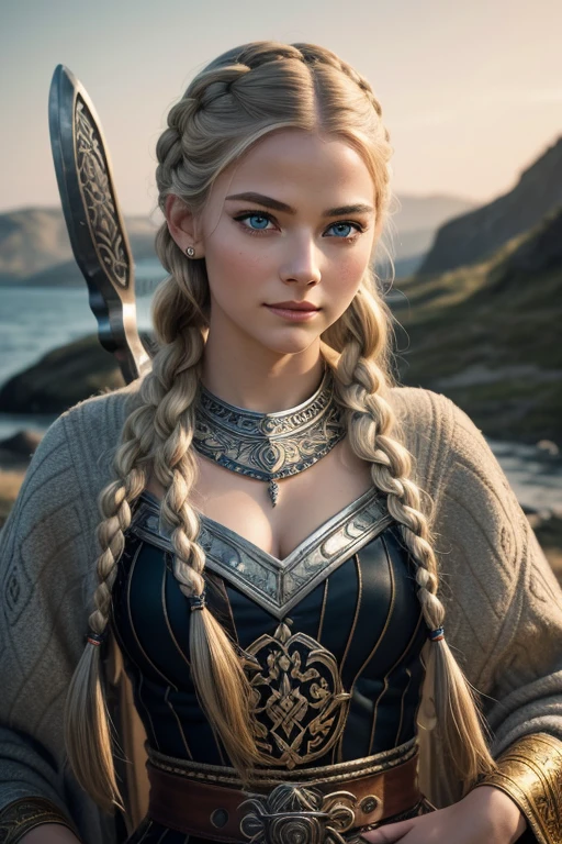 Masterpiece, a breathtaking 18-year-old Nordic blonde girl, ((Audrey Hepburn:Emma Stone:0.5)), piercing grey eyes, captivating smile, tall and proud stature, cosplay event, Viking woman, fierce and proud, long braided hair, intricately adorned with silver and gold braids, (high-quality, 8K, masterpiece: 1.3), detailed facial features, (highly detailed eyes:1.3), audience looking, ultra-detailed lips,Battle axe in hand, graceful and confident, Rimlight, warm hue, warm tone: 1.2, film grain