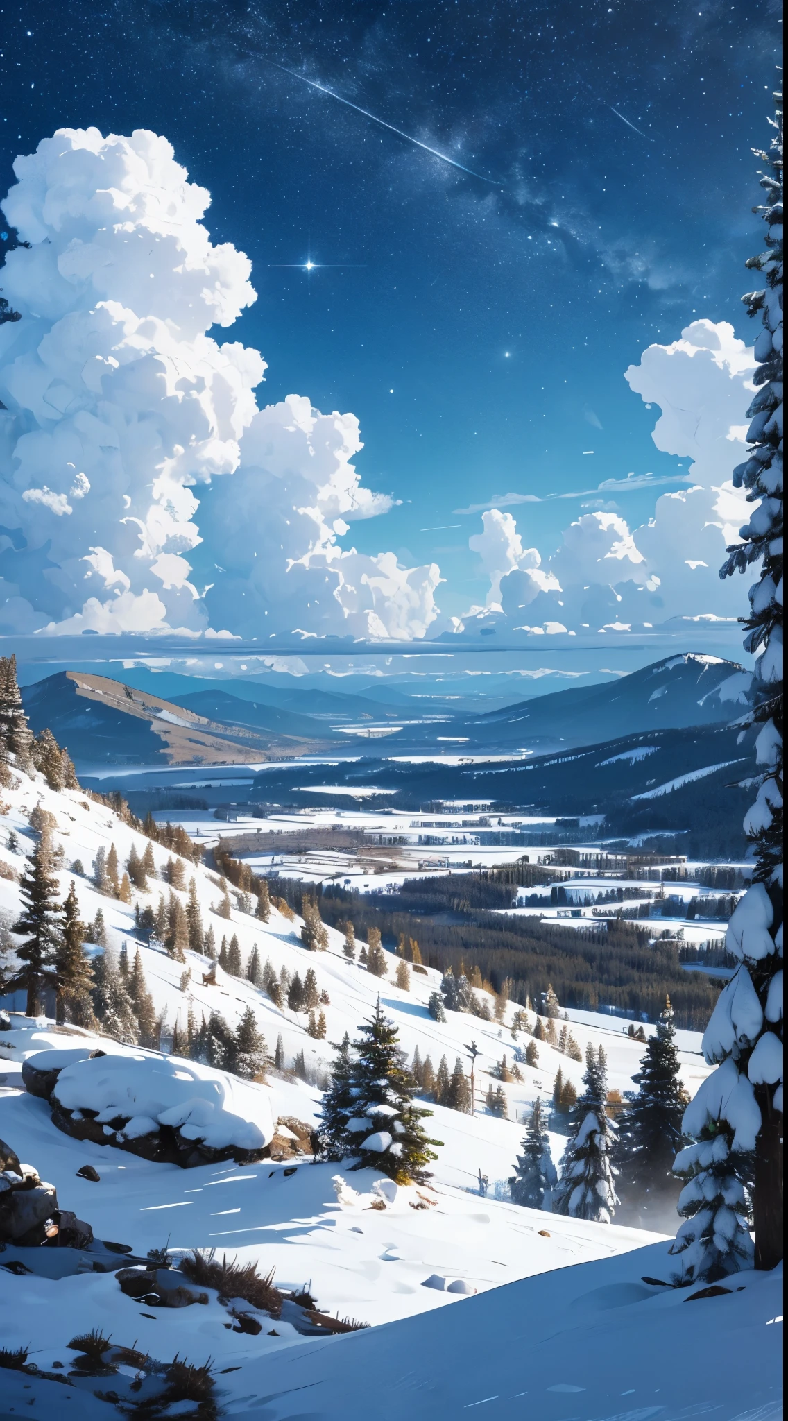 octanos, sky, estrela (sky), scenario, estrelary sky, noite, 1 garota, noite sky, Sozinho, ao ar livre, montanha, neve, vento, Nuvem, Milky Way, sentado, tree, Cabelo longo, CIDADE, silhueta, CIDADEscape, hiper realistic, prophessional photografy, looking at the valley under the montains