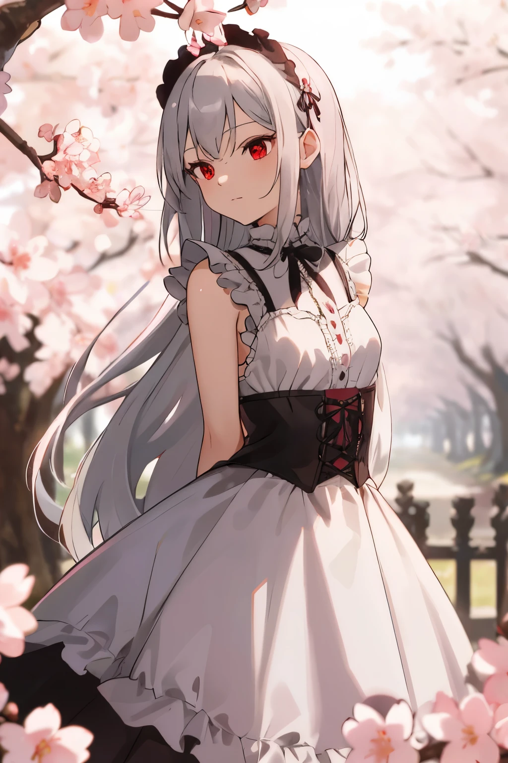 masterpiece, best quality, intricate, long hair, silver hair, red eyes, dress, frills, gothic, arms behind back,
outdoors, cherry blossoms, depth of field,