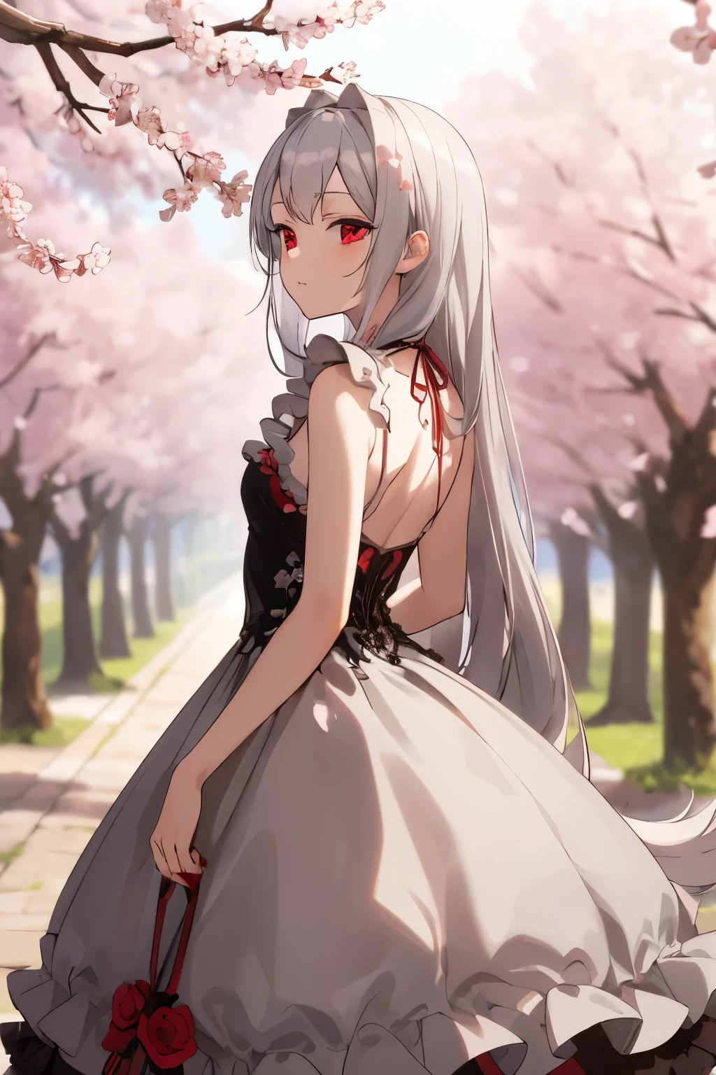 masterpiece, best quality, intricate, long hair, silver hair, red eyes, dress, frills, gothic, arms behind back, 
outdoors, cherry blossoms, depth of field,
