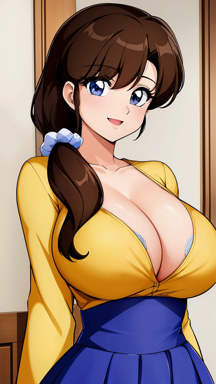 tendou_kasumi, Yellow_Shirt_blue_high-waist_skirt, solo, large breasts,, masterpiece, best quality, detailed face, detailed eyes, highres,perfect face, perfect body,big tits,smiling, standing,upper body,cleavage,open dress,open clothes, (show tits),perfect tits