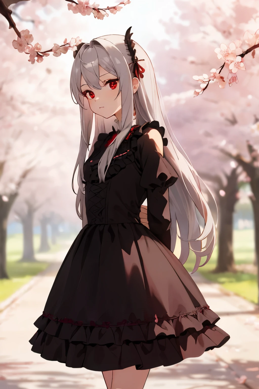 masterpiece, best quality, intricate, long hair, silver hair, red eyes, dress, frills, gothic, arms behind back,
outdoors, cherry blossoms, depth of field,