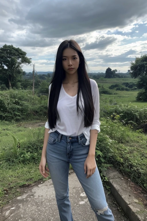 Thai Woman, look at viewer, long hair, shirt, jeans, cloud, day, sky,outdoors, post-apocalypse, ruins, scenery, tree, water,