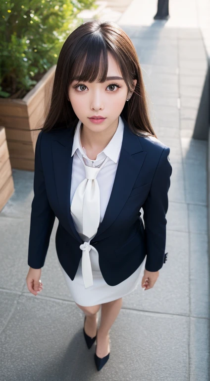 ((highest quality、8K、masterpiece:1.5))、one girl、(Unhealthy face)、(entrance to)、dull bangs、(lots of bangs:1.4)、(Full body Esbian:1.4)、(symmetrical face)、highly detailed face、highly detailed mouth、detailed eye、detailed ears、slim face、(Self snap:1.4)、(look up)、(From above)、(straight long hair、Ahoge:1.3)、(upper eye)、background is blurry、(business suit、tie:1.3)、lip gloss、(hotel entrance)、(natural soft light:1.3)、Selfie style