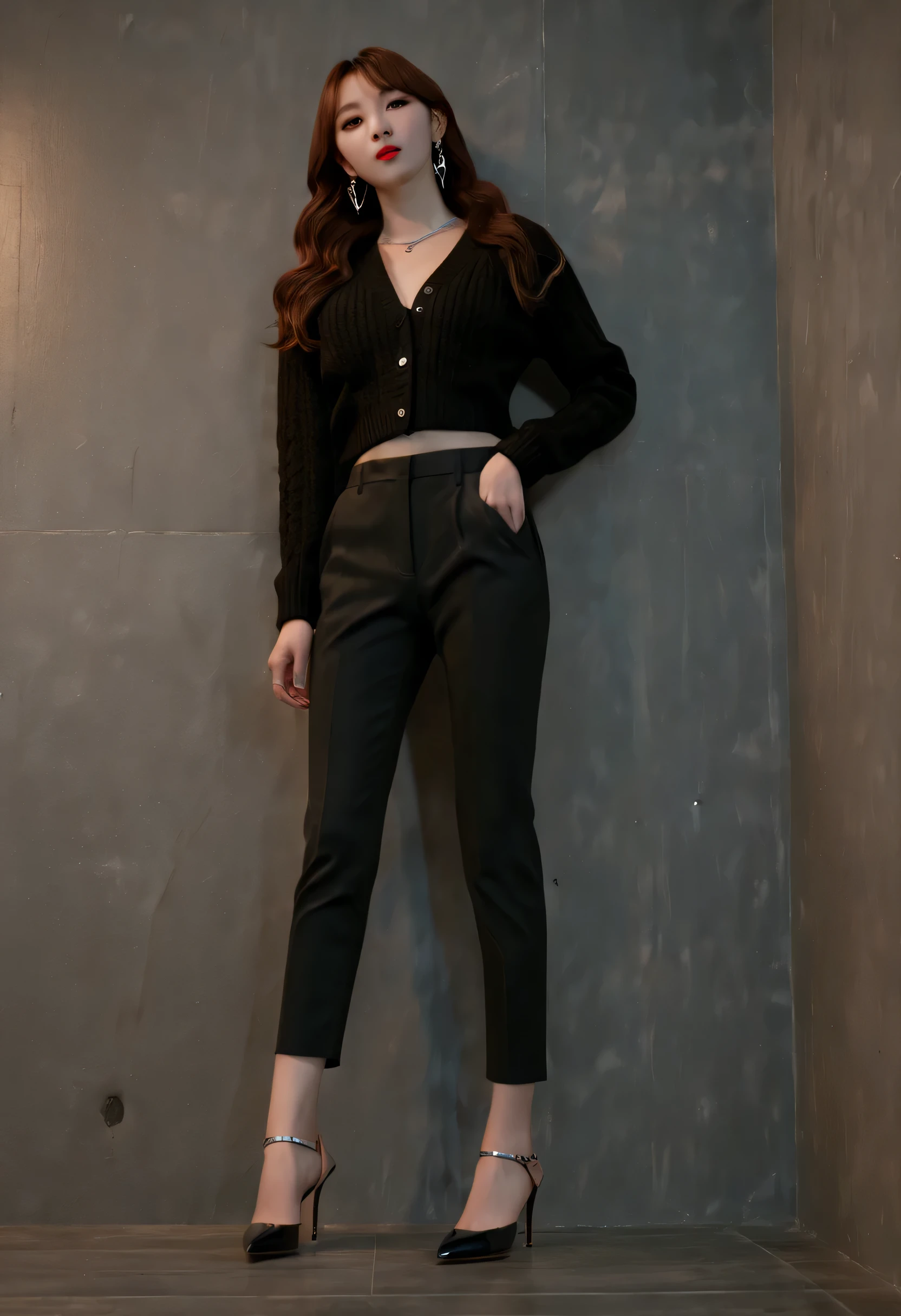 Canon RF85mm f/1.2,masterpiece,best quality,ultra high definition,1 girl,Everlasting,beautiful long legs,(Korean group,kpop idol:1.2),alone,shining_skin,very white skin,necklace,earrings,jewelry,(long_Brown_wavy_hair,Bangs),Red_shining_lips,eyelash,cosmetic,shining,pores,skin texture,big breasts,((suit:1.4),(Black_sweater:1.3),(leggings:1.2),(spiky_pump:1.4),(The background is the wall:1.4,night))