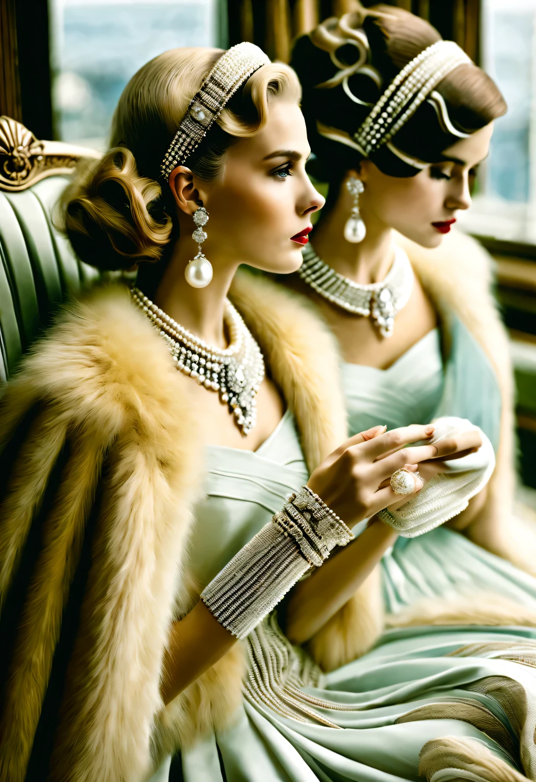 Lo-fi photography style, portrait，best quality,8k,high resolution,super detailed，super clear,Creative style artwork,classical,，
（ Two stylishly dressed girls sitting at coffee table looking out the window. Girl wearing high-end fur coat，Paired with blue gauze skirt.），gorgeous、Exquisitely crafted diamond rings and bracelets，tiara jewelry，vintage ，The atmosphere of the 1920s,  （blond：1.34），Fur coat has delicate texture，smooth visible velvet，Wear pearl jewelry，Advanced custom lace clothing，perfect fingers，（White skin），（Stacking accessories），
Luxurious and plump pearls，everything is clear，Composed of beads and brilliant diamonds，Pearls are usually round，（Each bead is the same size），Carefully selected、burnish，Smooth and delicate surface，Soft shine，Diamonds are the most dazzling part，They are cleverly mounted on metal frames，Contrast with pearls，Make the whole bracelet look noble and elegant，Dressed in 1920s fashion, 1920s hairstyles, 1 9 2 0 s style, 1 9 2 0 clothes, 1 9 2 0 s fabric style,