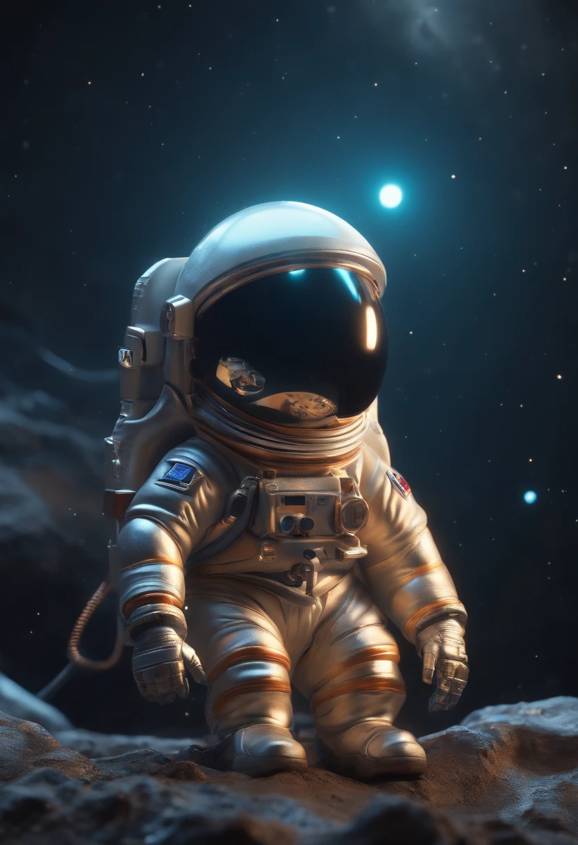 a mini astronaut in chibi model, wearing a space suit, in the style of photorealistic surrealism, abstract colorist sculptor, poured, fluid and loose, sci-fi influenced, sculpted Cartoon icon art, 3D pixar style drawing, a planet in space, isolated, exploring the moon in the background many planets and stars, cinematic light, photorealistic scenes, anime art, epic, RTX ON, DAZ3D, Digital Arts Techniques, Animated Illustrations