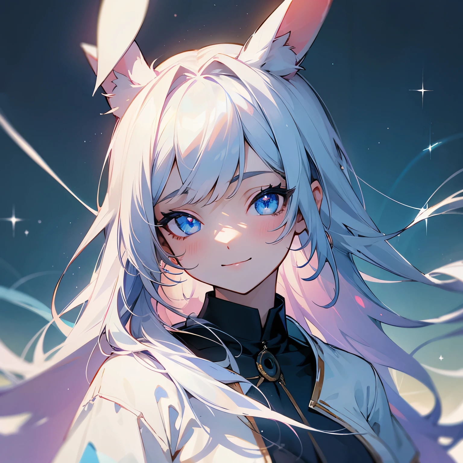 (1 cute girl:1.2, close-up:1.1), (highly detailed background:1.0), (highly detailed background:1.0), masterpiece, best quality, ultra high resolution, 8K, BREAK, (sparkling hair, long hair, rabbit ears), BREAK, detailed clothing, sparkling silver shirts, half sleeves, BREAK, detailed skin, white skin, glossy skin, BREAK, detailed eyes, sparkling eyes, BREAK, looking at the viewer, smile, (in the backyard:1.2)