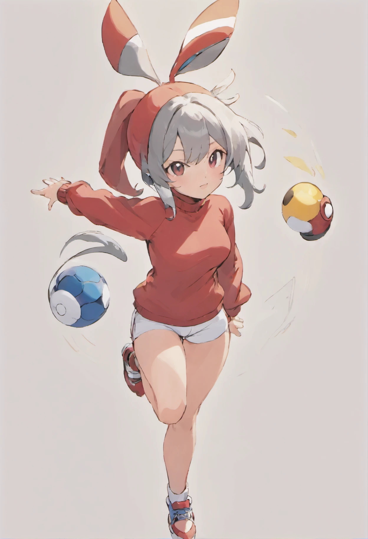 One girl、Composition of the subject seen from the front、Long Sleeve Red Turtleneck Knit、White shorts、red headwear、Gray ponytail、Pose with one arm thrust forward、Pokémon Hassam、