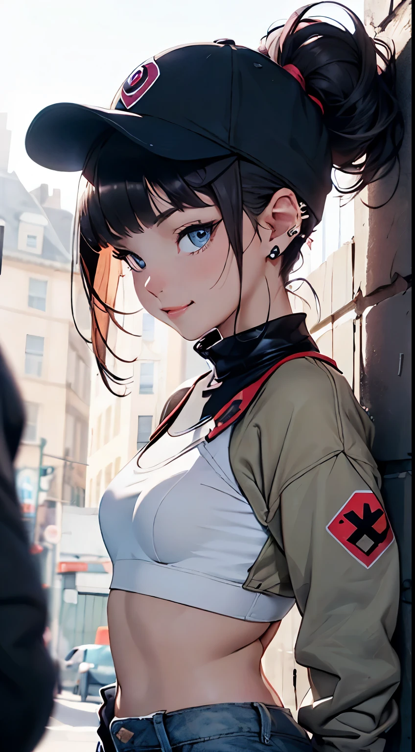 (looking at viewer:1.4), portrait, (standing:1.2),(supermodel:1.2), (frilled bra:1), hilda_(pokemon), 1girl, hat, denim, brown_hair, holding, baseball_cap, blue_eyes, long_hair, {{laughing}}, hand_making_the_peace_symbol, high_ponytail, ponytail, small_breasts, big smile, (Punk rock fashion), upper body piercing, bedroom, Pokemon_style, pokemon_Characters