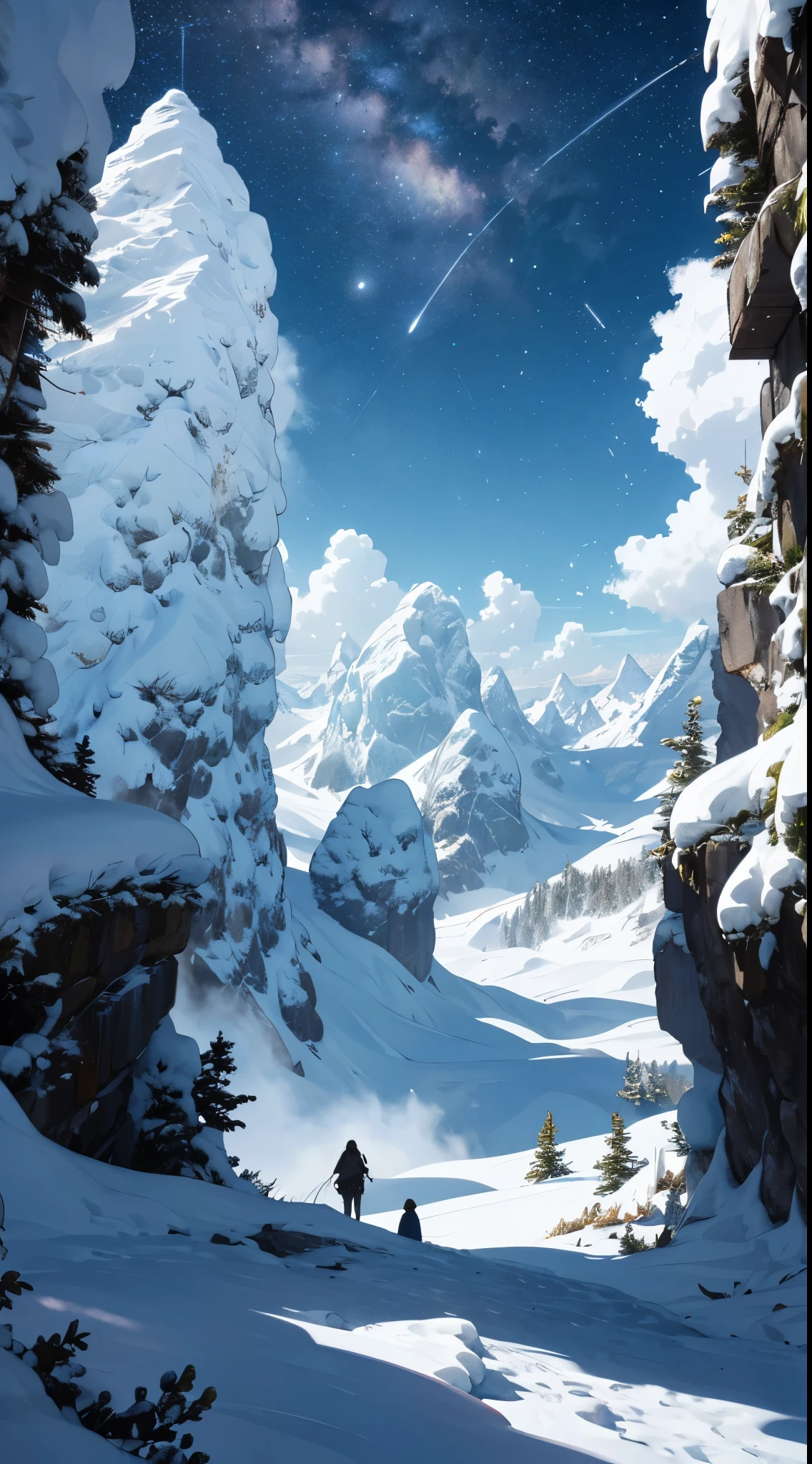 octanos, sky, estrela (sky), scenario, estrelary sky, noite, 1 garota, noite sky, Sozinho, ao ar livre, montanha, neve, vento, Nuvem, Milky Way, sentado, tree, Cabelo longo, CIDADE, silhueta, CIDADEscape, hiper realistic, prophessional photografy, looking at the valley under the montains
