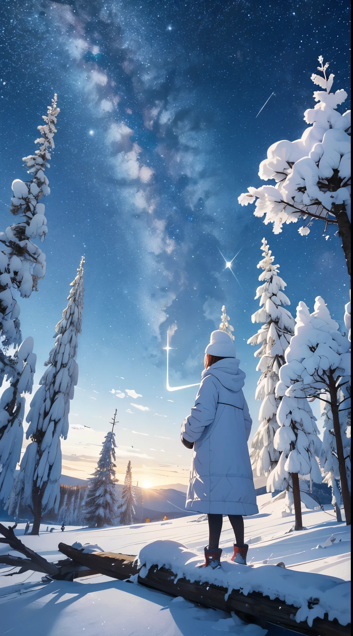 octanos, sky, estrela (sky), scenario, estrelary sky, noite, 1 garota, noite sky, Sozinho, ao ar livre, montanha, neve, vento, Nuvem, Milky Way, sentado, tree, Cabelo longo, CIDADE, silhueta, CIDADEscape