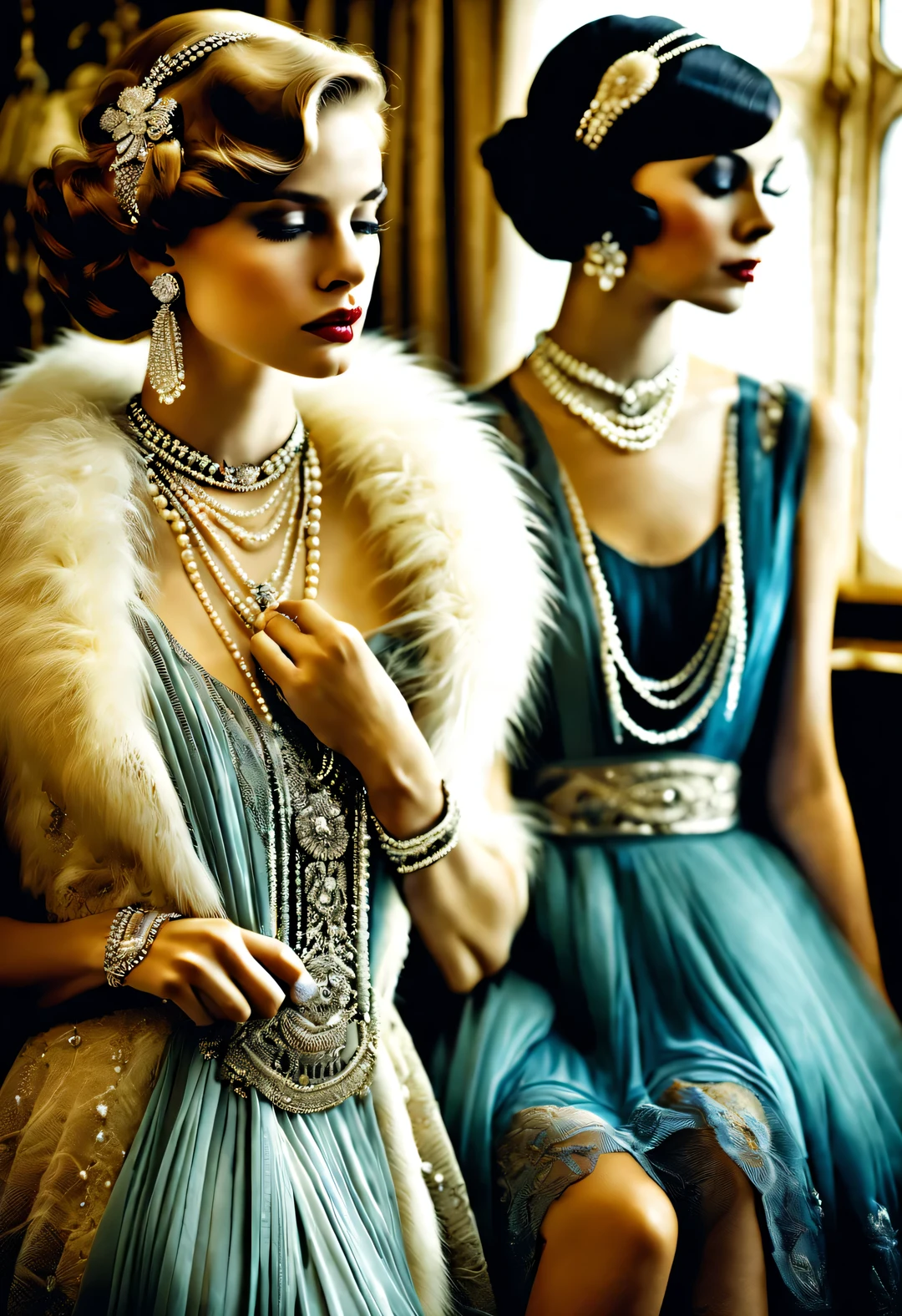 photography style, portrait，best quality,8k,high resolution,super detailed，super clear,Creative style artwork,classical,，
（ Two stylishly dressed girls sitting at coffee table looking out the window. Girl wearing high-end fur coat，Paired with blue gauze skirt.），gorgeous、Exquisitely crafted diamond rings and bracelets，tiara jewelry，vintage ，The atmosphere of the 1920s,  （blond：1.34），Fur coat has delicate texture，smooth visible velvet，Wear pearl jewelry，Advanced custom lace clothing，perfect fingers，（White skin），（Stacking accessories），
Luxurious and plump pearls，everything is clear，Composed of beads and brilliant diamonds，Pearls are usually round，（Each bead is the same size），Carefully selected、burnish，Smooth and delicate surface，Soft shine，Diamonds are the most dazzling part，They are cleverly mounted on metal frames，Contrast with pearls，Make the whole bracelet look noble and elegant，Dressed in 1920s fashion, 1920s hairstyles, 1 9 2 0 s style, 1 9 2 0 clothes, 1 9 2 0 s fabric style,