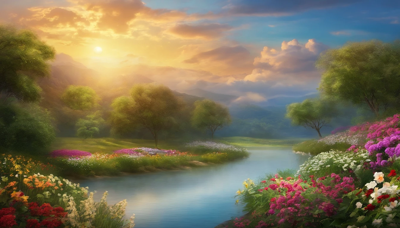 Paradise like view, there are rivers, fluffy clouds painting the sky, flowers aswell.