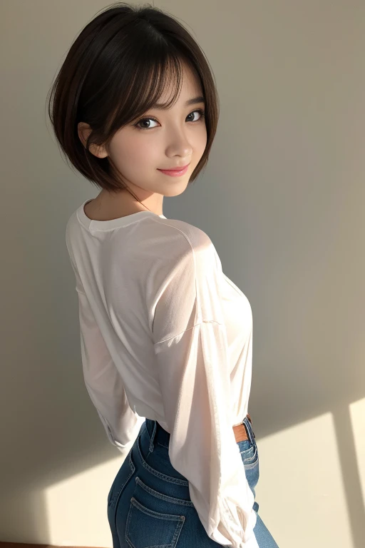 ((highest quality、best image quality、ultra high resolution、Drawn in ultra-high definition、alone、look closely at the camera))、1 girl、realistic、written boundary depth、natural soft light、Echiechi, Constricted body, 30 years old, beautiful and detailed eyes, short bob hair, highest quality, masterpiece, Layer Bob Hair, Moist eyes, great pose, brown eyes, smile, perfect fingers、perfect hands、perfect body、perfect face, perfect anatomy, glossy lips, natural makeup, small ass, professional lighting, cowboy shot, miniskirt, long sleeve, simple background, From above, bright room, 