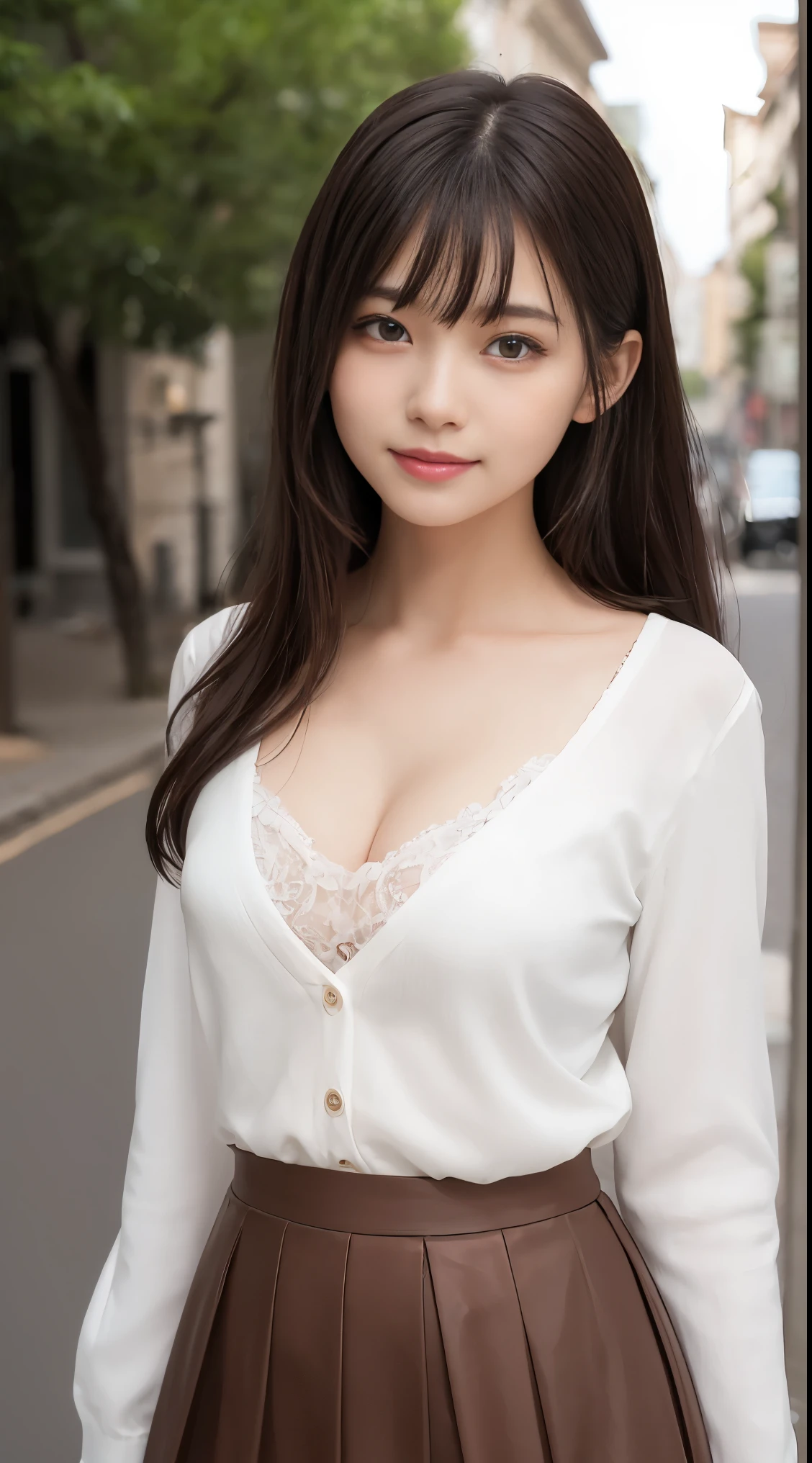 Smile、natta、Raw photography、(((Ultimate Beauty Portrait)))、((glistning skin))、女の子1人、15 year old beautiful girl in Prague、bright expression、((brown haired))、(cleavage of the breast)、(flered skirt:1.5)、((Big eyes that shine like jewels))、open cardigan、Open your clothes、panthyhose、Glossy glossy skin、(Medium Hair)、(Silky Ponytail Hair)、(is standing)、(frombelow)、Under the skirt、(Close-up of underwear from below)、eye liner、Beautiful bangs、Hair between the eyes、((masterpiece、top-quality、ultra-detailliert、Film Light、intricate-detail、hight resolution、ighly detailed))、细致背景、8KUHD、Digital SLR、Soft light、hightquality、Film grain、FujifilmXT3 、Shallow depth of field、natural soft light、Kamimei、Lush bust