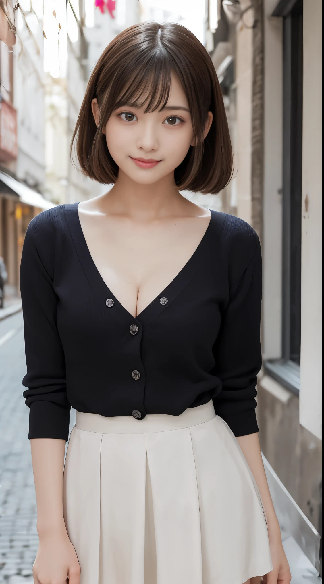 Smile、natta、Raw photography、(((Ultimate Beauty Portrait)))、((glistning skin))、女の子1人、25 year old beautiful girl from Prague、bright expression、((brown haired))、(cleavage of the breast)、(flered skirt:1.5)、((Big eyes that shine like jewels))、open cardigan、Open your clothes、panthyhose、Glossy glossy skin、(is standing)、(frombelow)、Under the skirt、(frombelow下着の接写)、eye liner、Beautiful bangs、Hair between the eyes、((​masterpiece、最hightquality、ultra-detailliert、Film Light、intricate-detail、hight resolution、ighly detailed))、细致背景、8KUHD、Digital SLR、Soft light、hightquality、Film grain、FujifilmXT3 、Shallow depth of field、natural soft light、Kamimei、Lush bust、short-hair