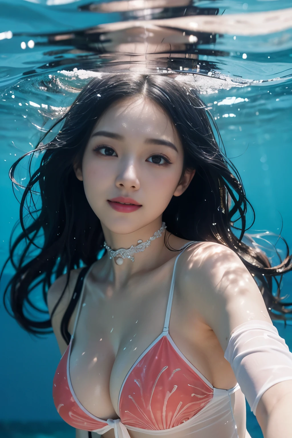 (in water)、((whole body))、20-year-old、1 girl、black hair、medium hair、Clothes、(White see-through dress)、(view view)、(best smile)、(8K、highest quality、masterpiece:1,2)、(realistic、Photoreal:1.37)、super detail、Pure Eros Face_v1、(beautiful detailed eyes)、(highest qualityの)、(Ultra Details)、(masterpiece)、(details face)、perfect body、(big breasts)、(choker)、cheek、pink lipstick、shiny hair、Description beautiful delicate hair、(Glossy skin)、seaweed shaking、(beautiful sea)、(in waterに射し込む光)、(coral reef)、tropical fish、(clear ocean)、cleavage、((swim under the sea))、((swim under the sea))、(in waterで広がる髪)、