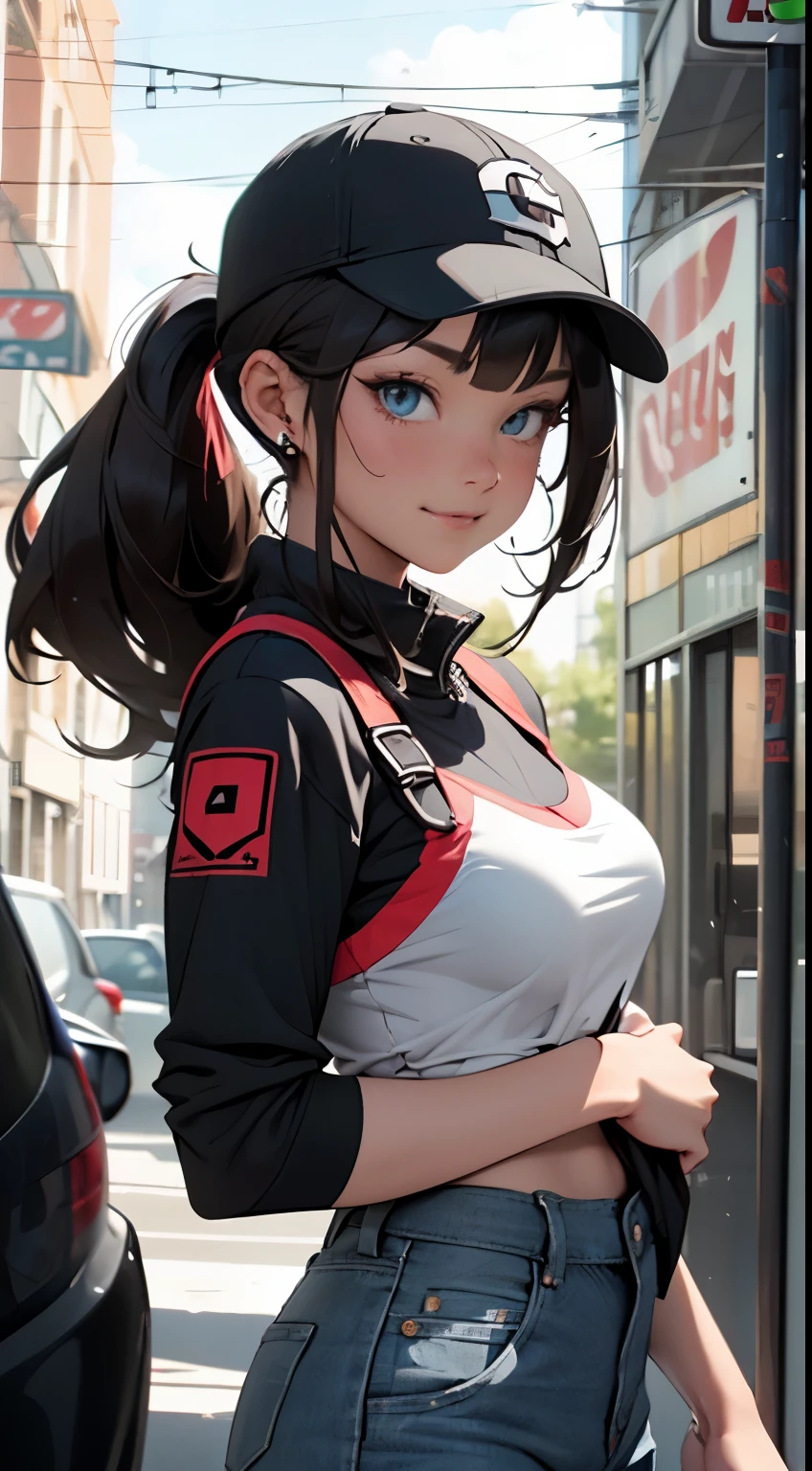 (looking at viewer:1.4), portrait, (standing:1.2),(supermodel:1.2), (frilled bra:1), hilda_(pokemon), 1girl, hat, denim, brown_hair, holding, baseball_cap, blue_eyes, long_hair, {{laughing}}, hand_making_the_peace_symbol, high_ponytail, ponytail, small_breasts, big smile, (Punk rock fashion), upper body piercing, bedroom, Pokemon_style, pokemon_Characters