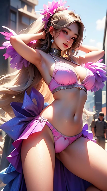 ((best quality)), ((master piece)), (detailed:1.4), 3D, Beautiful female figure,HDR(high dynamic range),ray tracing,NVIDIA RTX,super resolution,unreal 5,Scattered beneath the surface、PBR texture、post-processed、anisotropic filtering、Depth of bounds written、Maximum clarity and sharpness、multilayer texture、Albedo and specular maps、surface coloring、Accurate simulation of light-matter interactions、perfectly proportioned、octane rendering、two color light、Large Diameter、Low ISO、White balance、Rule of thirds、8K students、 ((Beautiful, delicate and luxurious composition with slits and jewels scattered all over the body.、A pretty woman wearing a beautiful, delicate and gorgeous bejeweled pink cheerleader outfit))、(Very cute beautiful sexy beautiful girl、very cute beautiful erotic beautiful girl)、 (Very cute Japan woman、very beautiful Japanese woman、famous idol、Japanese woman with a very beautiful face、Japanese woman with a very cute face)、Perfectly proportioned like a gravure idol、Dazzling super beautiful super long blonde silky hair、wavy hair、big chest、have bangs、E cup、beautiful 22 years old、Cute smile、shy smile、full body photo、 (Big, beautiful, shining blue eyes、Wet)、((Composition showing underwear panties from the front))、((A composition where her breasts are lifted with both arms and her legs are spread wide so that her underwear panties can be seen from the front.))