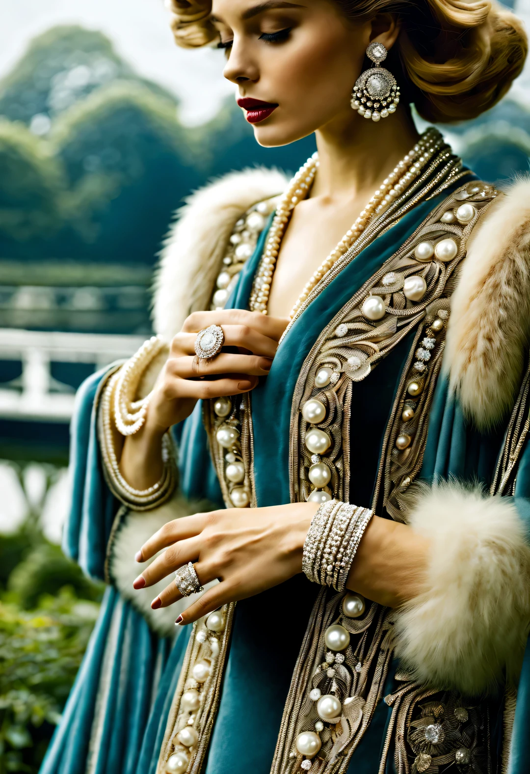 architectural photography style, portrait，best quality,8k,high resolution,super detailed，super clear,Creative style artwork,classical,，
（ Two stylishly dressed girls sitting at coffee table looking out the window. Girl wearing high-end fur coat，Paired with blue gauze skirt.），gorgeous、Exquisitely crafted diamond rings and bracelets，tiara jewelry，vintage ，The atmosphere of the 1920s,  （blond：1.34），Fur coat has delicate texture，smooth visible velvet，Wear pearl jewelry，Advanced custom lace clothing，perfect fingers，（White skin），（Stacking accessories），
Luxurious and plump pearls，everything is clear，Composed of beads and brilliant diamonds，Pearls are usually round，（Each bead is the same size），Carefully selected、burnish，Smooth and delicate surface，Soft shine，Diamonds are the most dazzling part，They are cleverly mounted on metal frames，Contrast with pearls，Make the whole bracelet look noble and elegant，Dressed in 1920s fashion, 1920s hairstyles, 1 9 2 0 s style, 1 9 2 0 clothes, 1 9 2 0 s fabric style,