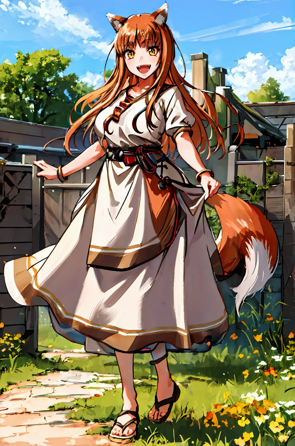 (holo:1.5), (holoBrownDress:1.5), masterpiece, best quality, absurdres, 1girl, looking at viewer, standing, cowboy shot, outdoors, medieval, cobblestone street, town, pouch, sash, smile, fruit, apple, basket,big breast, curvy, silver hair, white hair, full body, flipflops,open mouth smile, fangs,